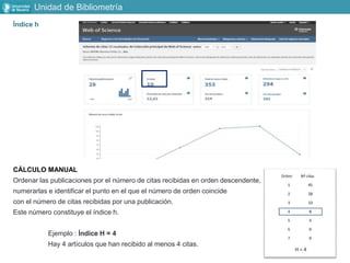 Índice h
CÁLCULO MANUAL
Ordenar las publicaciones por el número de citas recibidas en orden descendente,
numerarlas e identificar el punto en el que el número de orden coincide
con el número de citas recibidas por una publicación.
Este número constituye el índice h.
Ejemplo : Índice H = 4
Hay 4 artículos que han recibido al menos 4 citas.
Unidad de Bibliometría
 