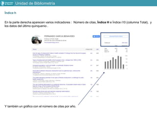Índice h
En la parte derecha aparecen varios indicadores : Número de citas, Índice H e Índice i10 (columna Total), y
los datos del último quinquenio .
Y también un gráfico con el número de citas por año.
Unidad de Bibliometría
 