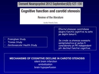 • Framigham Study
• Tromso Study
• Cardiovascular Health Study
Efectul stenozei carotidiene
asupra functie cognitive nu este
pe deplin lamurit.
Se crede ca stenoza avansata
asimptomatica ar putea fi
considerata un FR independent
ptr declinul functiei cognitive.
MECHANISMS OF COGNITIVE DECLINE IN CAROTID STENOSIS
silent brain infarction
embolization
brain hypoperfusion
 