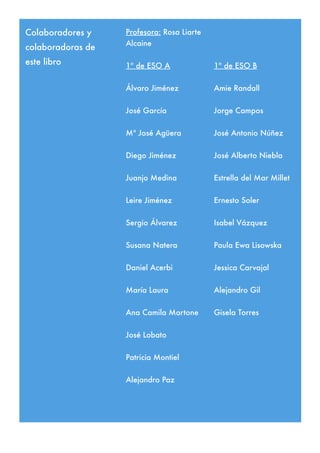 Colaboradores y
colaboradoras de
este libro
Profesora: Rosa Liarte
Alcaine
1º de ESO A
Álvaro Jiménez
José García
Mª José ...