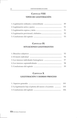Indice libro TEORÍA GENERAL DE LA LEGITIMACIÓN EN EL PROCESO CIVIL