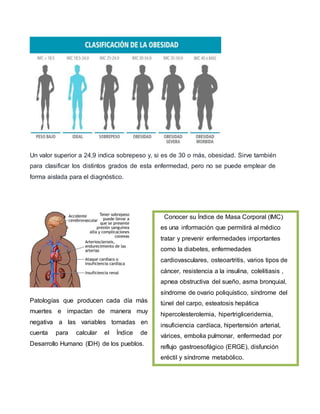 Un valor superior a 24,9 indica sobrepeso y, si es de 30 o más, obesidad. Sirve también
para clasificar los distintos grados de esta enfermedad, pero no se puede emplear de
forma aislada para el diagnóstico.
Patologías que producen cada día más
muertes e impactan de manera muy
negativa a las variables tomadas en
cuenta para calcular el Índice de
Desarrollo Humano (IDH) de los pueblos.
Conocer su Índice de Masa Corporal (IMC)
es una información que permitirá al médico
tratar y prevenir enfermedades importantes
como la diabetes, enfermedades
cardiovasculares, osteoartritis, varios tipos de
cáncer, resistencia a la insulina, colelitiasis ,
apnea obstructiva del sueño, asma bronquial,
síndrome de ovario poliquístico, síndrome del
túnel del carpo, esteatosis hepática
hipercolesterolemia, hipertrigliceridemia,
insuficiencia cardíaca, hipertensión arterial,
várices, embolia pulmonar, enfermedad por
reflujo gastroesofágico (ERGE), disfunción
eréctil y síndrome metabólico.
 