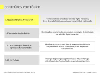 ANA PINHO UA DeCA MCMM 2010/11PUBLICIDADE INTERACTIVA PARA PLATAFORMAS DE IPTV
CONTEÚDOS POR TÓPICO
Compreensão do conceito de Televisão Digital Interactiva;
breve descrição histórico/evolutiva da interactividade na televisão.
1.1 Tecnologias de distribuição
1. TELEVISÃO DIGITAL INTERACTIVA
Identificação e caracterização das principais tecnologias de distribuição
de televisão digital interactiva.
1.1.1 IPTV: Tipologias de serviços
e principais funcionalidades
Identificação dos principais tipos de serviços disponibilizados
nas plataformas de IPTV e caracterização das respectivas
funcionalidades.
1.1.1 Em Portugal
Descrição da presença das plataformas de IPTV em Portugal
e identificação das funcionalidades e operadores disponíveis.
 