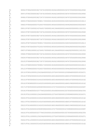 01 0896197906200000382736761000000194362180000001947470500000030618940
#
01 0897197906300000382736761000000194362180000001947470500000030618940
#
01 0898197906400000382736757000000194362180000001947470500000030618940
#
01 0899197906500000378980173000000192454500000001928356000000030318413
#
01 0900197906600000375260370000000190565500000001909428600000030020829
#
01 0901197907100000143766917000000144134640000001444200500000011501353
#
01 0902197907200000382736761000000194362180000001947470500000030618940
#
01 0903197907300000382736761000000194362180000001947470500000030618940
#
01 0904197907400000382736757000000194362180000001947470500000030618940
#
01 0905197907500000378980173000000192454500000001928356000000030318413
#
01 0906197907600000375260370000000190565500000001909428600000030020829
#
01 0907197908100000143766917000000144134640000001444200500000011501353
#
01 0908197908200000382736761000000194362180000001947470500000030618940
#
01 0909197908300000382736761000000194362180000001947470500000030618940
#
01 0910197908400000382736757000000194362180000001947470500000030618940
#
01 0911197908500000378980173000000192454500000001928356000000030318413
#
01 0912197908600000375260370000000190565500000001909428600000030020829
#
01 0913197909100000125429649000000125750470000001259994800000010034371
#
01 0914197909200000331452036000000168318660000001686519700000026516162
#
01 0915197909300000331452036000000168318660000001686519700000026516162
#
01 0916197909400000331452033000000168318660000001686519600000026516162
#
01 0917197909500000329008599000000167077830000001674086800000026320687
#
01 0918197909600000325779452000000165438000000001657656000000026062356
#
01 0919197910100000125429649000000125750470000001259994800000010034371
#
01 0920197910200000331452036000000168318660000001686519700000026516162
#
01 0921197910300000331452036000000168318660000001686519700000026516162
#
01 0922197910400000331452033000000168318660000001686519600000026516162
#
01 0923197910500000329008599000000167077830000001674086800000026320687
#
01 0924197910600000325779452000000165438000000001657656000000026062356
#
01 0925197911100000125429649000000125750470000001259994800000010034371
#
01 0926197911200000331452036000000168318660000001686519700000026516162
#
01 0927197911300000331452036000000168318660000001686519700000026516162
#
 