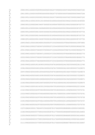 01 2080199511400003930090566000003062677090000030697666200000394407245
#
01 2081199511500003930090560000003062677070000030697666000000394407244
#
01 2082199511600003930090539000003062677040000030697665700000394407243
#
01 2083199512100001929312510000003016906430000030239062100000234345000
#
01 2084199512200003841346973000003016906470000030239062500000387307757
#
01 2085199512300003841346968000003016906450000030239062400000387307757
#
01 2086199512400003841346933000003016906420000030239062100000387307754
#
01 2087199512500003841346926000003016906400000030239061900000387307754
#
01 2088199512600003841346907000003016906380000030239061600000387307752
#
01 2089199601100001885948543000002971556390000029784669900000230875883
#
01 2090199601200003758284752000002971556430000029784670300000380662780
#
01 2091199601300003758284747000002971556420000029784670100000380662779
#
01 2092199601400003758284711000002971556390000029784669800000380662776
#
01 2093199601500003758284705000002971556370000029784669600000380662776
#
01 2094199601600003758284689000002971556340000029784669400000380662775
#
01 2095199602100001851409831000002934741660000029415825500000228112786
#
01 2096199602200003690100941000002934741700000029415825900000375208075
#
01 2097199602300003690100936000002934741680000029415825700000375208074
#
01 2098199602400003690100903000002934741660000029415825500000375208072
#
01 2099199602500003690100896000002934741640000029415825200000375208071
#
01 2100199602600003690100876000002934741610000029415825000000375208070
#
01 2101199603100001821429311000002904709140000029114958400000225714344
#
01 2102199603200003629709269000002904709180000029114958900000370376741
#
01 2103199603300003629709264000002904709170000029114958700000370376741
#
01 2104199603400003629709229000002904709140000029114958400000370376738
#
01 2105199603500003629709221000002904709120000029114958200000370376737
#
01 2106199603600003629709205000002904709090000029114958000000370376736
#
01 2107199604100001796044767000002878127660000028848680100000223683581
#
01 2108199604200003577085635000002878127700000028848680500000366166850
#
01 2109199604300003577085631000002878127690000028848680300000366166850
#
01 2110199604400003577085599000002878127660000028848680100000366166847
#
01 2111199604500003577085592000002878127640000028848679800000366166847
#
 