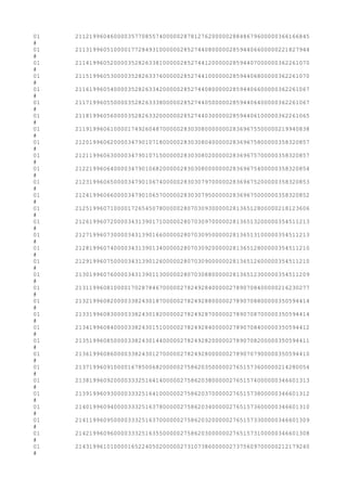 01 2112199604600003577085574000002878127620000028848679600000366166845
#
01 2113199605100001772849310000002852744080000028594406600000221827944
#
01 2114199605200003528263381000002852744120000028594407000000362261070
#
01 2115199605300003528263376000002852744100000028594406800000362261070
#
01 2116199605400003528263342000002852744080000028594406600000362261067
#
01 2117199605500003528263338000002852744050000028594406400000362261067
#
01 2118199605600003528263320000002852744030000028594406100000362261065
#
01 2119199606100001749260487000002830308000000028369675500000219940838
#
01 2120199606200003479010718000002830308040000028369675800000358320857
#
01 2121199606300003479010715000002830308020000028369675700000358320857
#
01 2122199606400003479010682000002830308000000028369675400000358320854
#
01 2123199606500003479010674000002830307970000028369675200000358320853
#
01 2124199606600003479010657000002830307950000028369675000000358320852
#
01 2125199607100001726545078000002807030930000028136512800000218123606
#
01 2126199607200003431390171000002807030970000028136513200000354511213
#
01 2127199607300003431390166000002807030950000028136513100000354511213
#
01 2128199607400003431390134000002807030920000028136512800000354511210
#
01 2129199607500003431390126000002807030900000028136512600000354511210
#
01 2130199607600003431390113000002807030880000028136512300000354511209
#
01 2131199608100001702878467000002782492840000027890708400000216230277
#
01 2132199608200003382430187000002782492880000027890708800000350594414
#
01 2133199608300003382430182000002782492870000027890708700000350594414
#
01 2134199608400003382430151000002782492840000027890708400000350594412
#
01 2135199608500003382430144000002782492820000027890708200000350594411
#
01 2136199608600003382430127000002782492800000027890707900000350594410
#
01 2137199609100001678500682000002758620350000027651573600000214280054
#
01 2138199609200003332516414000002758620380000027651574000000346601313
#
01 2139199609300003332516410000002758620370000027651573800000346601312
#
01 2140199609400003332516378000002758620340000027651573600000346601310
#
01 2141199609500003332516370000002758620320000027651573300000346601309
#
01 2142199609600003332516355000002758620300000027651573100000346601308
#
01 2143199610100001652240502000002731073860000027375609700000212179240
#
 