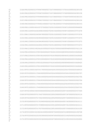 01 2144199610200003279789479000002731073900000027375610100000342383158
#
01 2145199610300003279789475000002731073880000027375609900000342383158
#
01 2146199610400003279789444000002731073860000027375609700000342383155
#
01 2147199610500003279789437000002731073840000027375609500000342383154
#
01 2148199610600003279789421000002731073810000027375609200000342383153
#
01 2149199611100001624335727000002702951520000027093871200000209946858
#
01 2150199611200003224638481000002702951560000027093871600000337971078
#
01 2151199611300003224638478000002702951550000027093871500000337971078
#
01 2152199611400003224638446000002702951520000027093871200000337971075
#
01 2153199611500003224638438000002702951500000027093871000000337971075
#
01 2154199611600003224638421000002702951480000027093870800000337971073
#
01 2155199612100001595264181000002674526370000026809094800000207621134
#
01 2156199612200003167855364000002674526410000026809095200000333428429
#
01 2157199612300003167855361000002674526390000026809095100000333428428
#
01 2158199612400003167855330000002674526360000026809094800000333428426
#
01 2159199612500003167855322000002674526340000026809094600000333428425
#
01 2160199612600003167855309000002674526320000026809094400000333428424
#
01 2161199701100001569755179000002645924410000026522543700000205580414
#
01 2162199701200003117046340000002645924450000026522544100000329363707
#
01 2163199701300003117046336000002645924430000026522543900000329363706
#
01 2164199701400003117046305000002645924410000026522543700000329363704
#
01 2165199701500003117046300000002645924390000026522543500000329363704
#
01 2166199701600003117046286000002645924360000026522543300000329363702
#
01 2167199702100001546593060000002622285180000026285736300000203727444
#
01 2168199702200003070176427000002622285220000026285736700000325614114
#
01 2169199702300003070176423000002622285200000026285736600000325614113
#
01 2170199702400003070176394000002622285180000026285736300000325614111
#
01 2171199702500003070176388000002622285160000026285736100000325614111
#
01 2172199702600003070176370000002622285140000026285735900000325614109
#
01 2173199703100001524384361000002600967560000026072198900000201950748
#
01 2174199703200003025035039000002600967600000026072199200000322002803
#
01 2175199703300003025035036000002600967580000026072199100000322002802
#
 