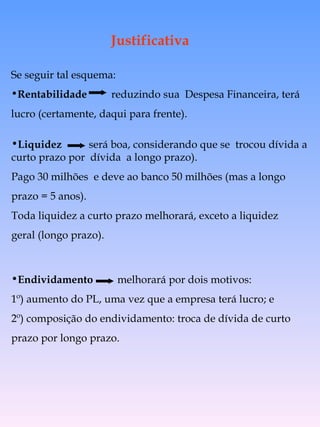 Justificativa Endividamento   melhorará por dois motivos: 1º) aumento do PL, uma vez que a empresa terá lucro; e 2º) composição do endividamento: troca de dívida de curto  prazo por longo prazo. Liquidez  será boa, considerando que se  trocou dívida a curto prazo por  dívida  a longo prazo). Pago 30 milhões  e deve ao banco 50 milhões (mas a longo  prazo = 5 anos). Toda liquidez a curto prazo melhorará, exceto a liquidez  geral (longo prazo). Se seguir tal esquema:  Rentabilidade  reduzindo sua  Despesa Financeira, terá  lucro (certamente, daqui para frente). 