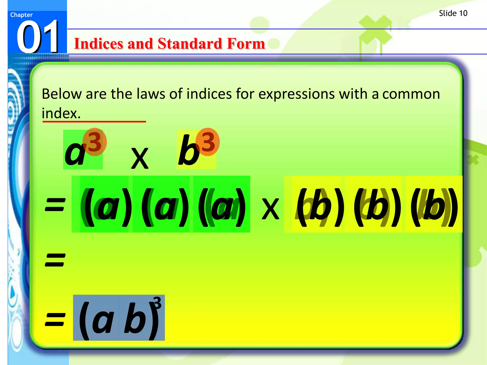 Slide 10



 01
Chapter




              Indices and Standard Form


          Below are the laws of indices for expressions with a common
          index.

             a3               b3
               x
          = (a (a) (a) x b) (b) (b)
            (a) (a (a (b) b) b)
          =
                 3
          = (a b)
 