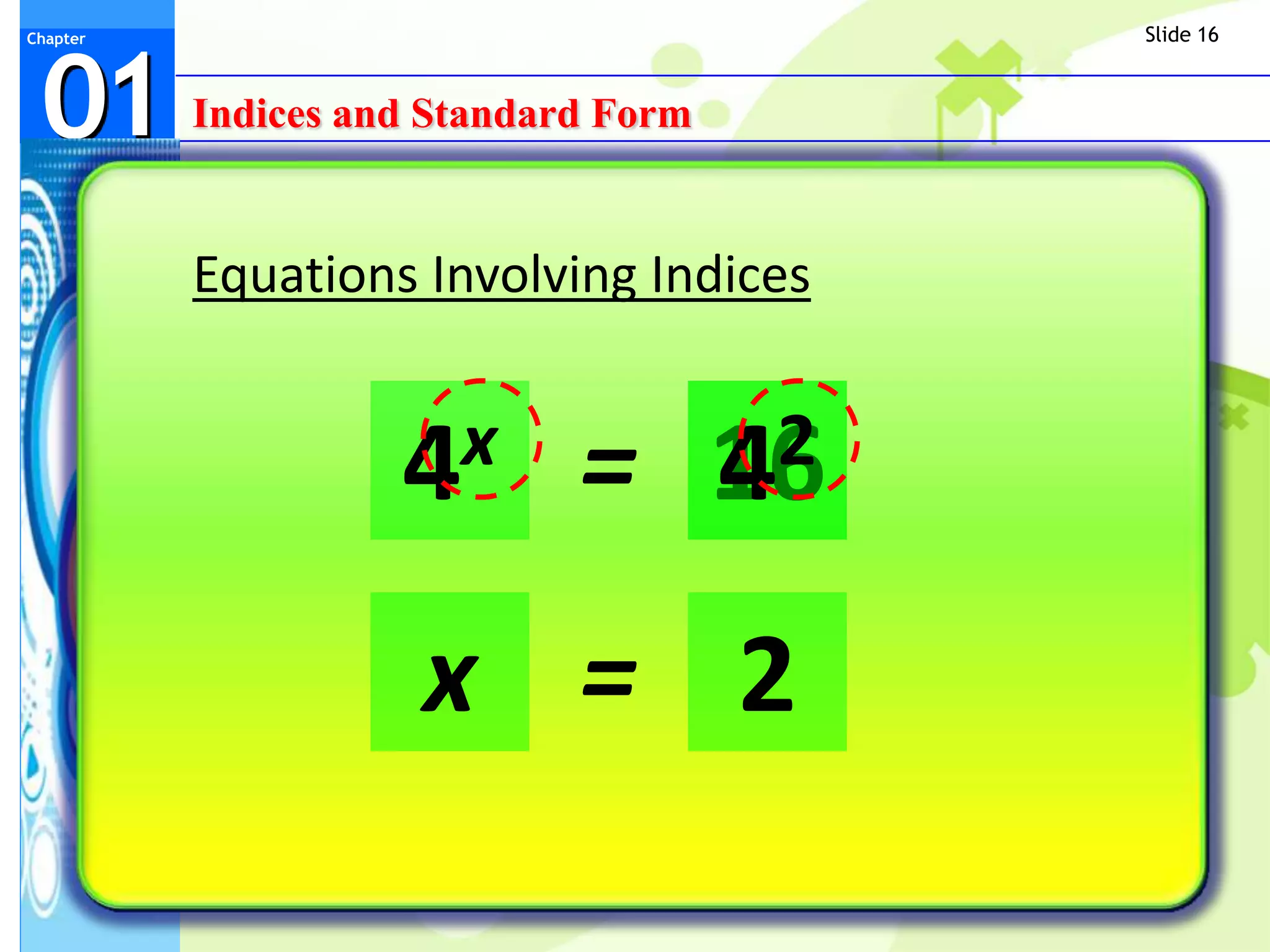 Slide 16



 01
Chapter




          Indices and Standard Form


          Equations Involving Indices


                    4 x      =        16
                                      4 2


                     x = 2
 