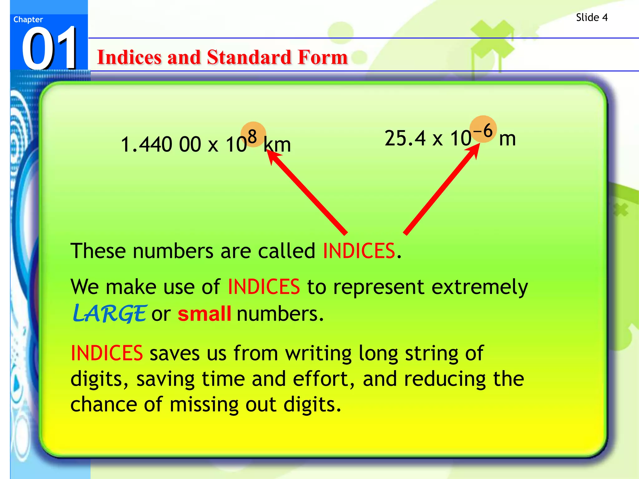 Slide 4



 01
Chapter




            Indices and Standard Form



               1.440 00 x 108 km           25.4 x 10-6 m




          These numbers are called INDICES.
          We make use of INDICES to represent extremely
          LARGE or small numbers.
          INDICES saves us from writing long string of
          digits, saving time and effort, and reducing the
          chance of missing out digits.
 
