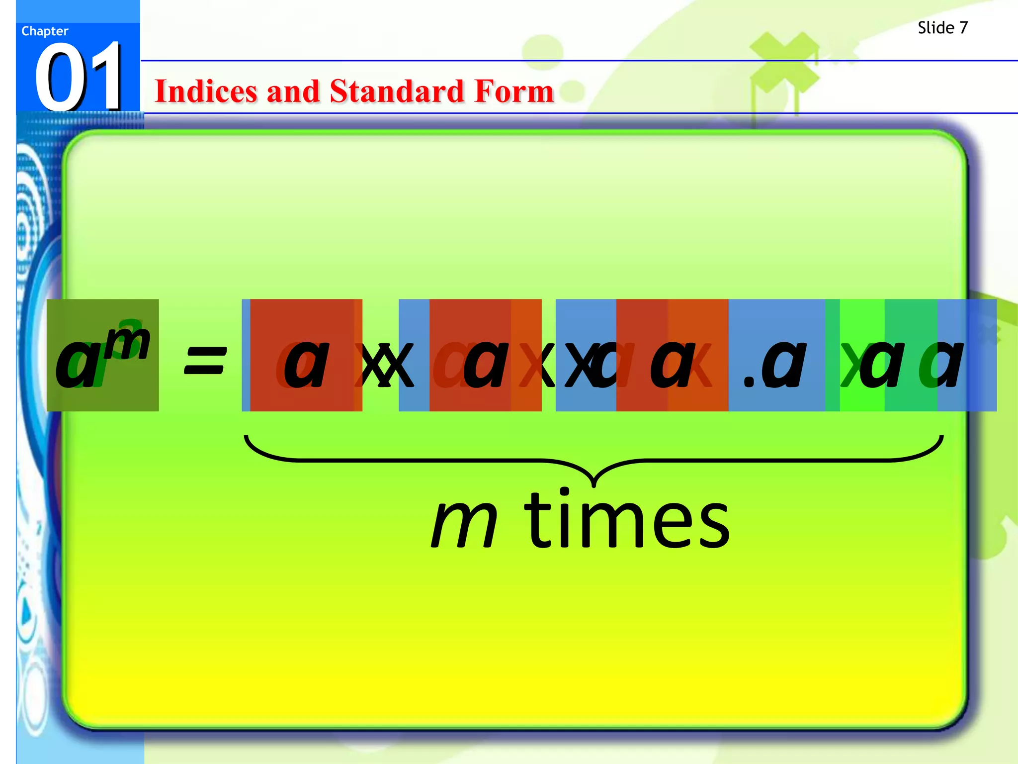 Slide 7



 01
Chapter




          Indices and Standard Form




    am3
      5    = a xx aa x xa a … x a
                           x a a
                           m times
 
