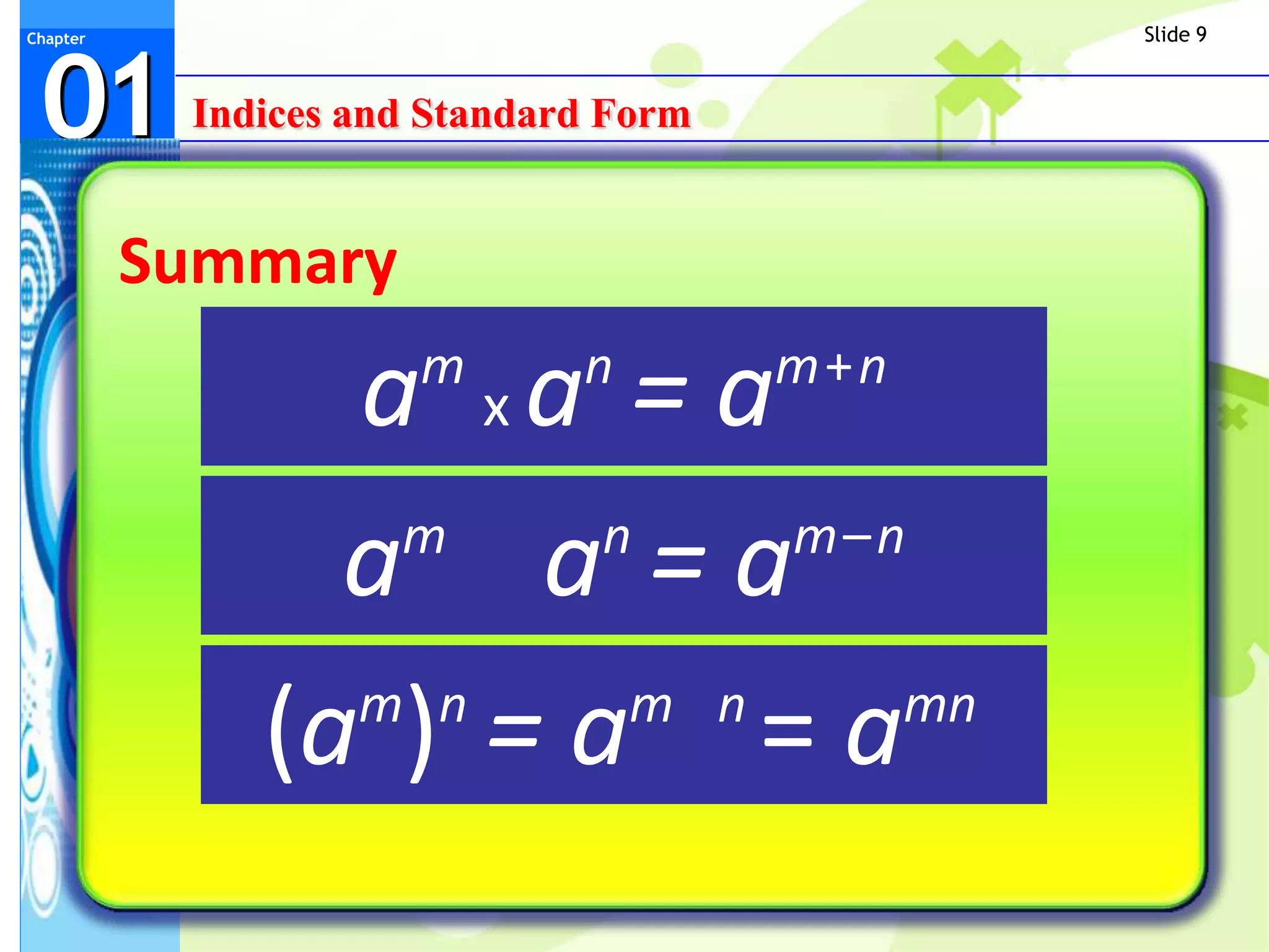 Slide 9



 01
Chapter




           Indices and Standard Form


          Summary

                a xa = a
                      m       n        m+n


                a a =a
                 m    n    m–n


              (a ) = a = a
                m n    m n    mn
 
