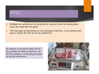 PESO
 Reflejan los cambios en la composición corporal, tanto de masa grasa
como de masa libre de grasa
 10% del peso al nacimiento en los neonatos a término, y una disminución
igual o menor de 15% en los de pretérmino.
Se espera un aumento diario de 20-
30 g totales en niños a término y de
20-35 g totales ó 10-20 g/kg de peso
en los de pretérmino.
 