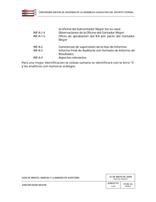CONTADURÍA MAYOR DE HACIENDA DE LA ASAMBLEA LEGISLATIVA DEL DISTRITO FEDERAL
GUÍA DE ÍNDICES, MARCAS Y LLAMADAS DE AUDITORÍA 16 DE MAYO DE 2008
INICIO DE VIGENCIA
SUBCONTADOR MAYOR
SCM/GT-01
CLAVE
19 DE 26
PÁGINA
la oficina del Subcontador Mayor (en su caso)
INF-A-1.4 Observaciones de la Oficina del Contador Mayor
INF-A-1.5 Oficio de aprobación del IFA por parte del Contador
Mayor
INF-A-2 Constancias de supervisión de la fase de informes
INF-A-3 Informe Final de Auditoría con formato de Informe de
Resultados
INF-A-4 Aspectos relevantes
Para una mejor identificación la cédula sumaria se identificará con la letra "S"
y las analíticas con números arábigos.
 