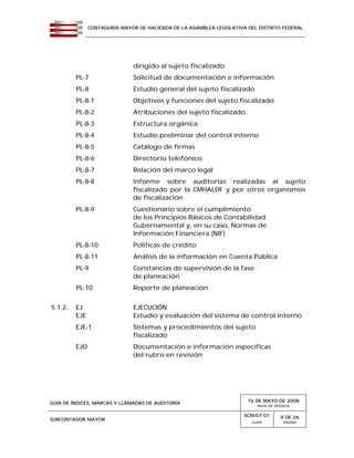 CONTADURÍA MAYOR DE HACIENDA DE LA ASAMBLEA LEGISLATIVA DEL DISTRITO FEDERAL
GUÍA DE ÍNDICES, MARCAS Y LLAMADAS DE AUDITORÍA 16 DE MAYO DE 2008
INICIO DE VIGENCIA
SUBCONTADOR MAYOR
SCM/GT-01
CLAVE
8 DE 26
PÁGINA
dirigido al sujeto fiscalizado
PL-7 Solicitud de documentación e información
PL-8 Estudio general del sujeto fiscalizado
PL-8-1 Objetivos y funciones del sujeto fiscalizado
PL-8-2 Atribuciones del sujeto fiscalizado
PL-8-3 Estructura orgánica
PL-8-4 Estudio preliminar del control interno
PL-8-5 Catálogo de firmas
PL-8-6 Directorio telefónico
PL-8-7 Relación del marco legal
PL-8-8 Informe sobre auditorías realizadas al sujeto
fiscalizado por la CMHALDF y por otros organismos
de fiscalización
PL-8-9 Cuestionario sobre el cumplimiento
de los Principios Básicos de Contabilidad
Gubernamental y, en su caso, Normas de
Información Financiera (NIF)
PL-8-10 Políticas de crédito
PL-8-11 Análisis de la información en Cuenta Pública
PL-9 Constancias de supervisión de la fase
de planeación
PL-10 Reporte de planeación
5.1.2. EJ EJECUCIÓN
EJE Estudio y evaluación del sistema de control interno
EJE-1 Sistemas y procedimientos del sujeto
fiscalizado
EJO Documentación e información específicas
del rubro en revisión
 