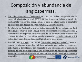 Composición y abundancia de
angiospermas.
• D.H. del Cantábrico Occidental se usa un índice adaptado de la
metodología de García et al. (2009). Utiliza riqueza de hábitats, estado de
los hábitats y superficie recuperable. El paso de clase buena a aceptable
se establece por debajo de 70 en Asturias y 10 en Cantabria.
• En el norte de Portugal se usa un índice adaptado de los trabajos de Best
et al. (2007) y Garcia et al. (2009). Tiene en cuenta la presencia/ausencia y
la cobertura de especies características de las distintas zonas de estuario
contrastándolas con una situación de referencia. Un valor inferior a 0,7
indicaría el paso de un estado ecológico bueno a aceptable.
• También en Portugal se usa el “Intertidal Seagrass Index”. Tiene en
cuenta la riqueza específica, el área cubierta por todas las especies,
coberturas y densidades. Con respecto a una situación de referencia, la
perdida de una o dos especies, y una disminución del resto de parámetros
entre un 31-50% ocasionaría el paso de un estado ecológico bueno a
aceptable.
 
