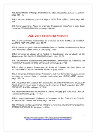 ÍNDICES. EL FRANCISCANISMO EN ANDALUCÍA. CURSÍNDICES. EL FRANCISCANISMO EN ANDALUCÍA. CURSÍNDICES. EL FRANCISCANISMO EN ANDALUCÍA. CURSÍNDICES. EL FRANCISCANISMO EN ANDALUCÍA. CURSOS DE PRIEGO DE CÓRDOBAOS DE PRIEGO DE CÓRDOBAOS DE PRIEGO DE CÓRDOBAOS DE PRIEGO DE CÓRDOBA
http://franciscanismoandalucia.blogspot.com.es/p/03http://franciscanismoandalucia.blogspot.com.es/p/03http://franciscanismoandalucia.blogspot.com.es/p/03http://franciscanismoandalucia.blogspot.com.es/p/03----indicesindicesindicesindices----dededede----laslaslaslas----actas.htmlactas.htmlactas.htmlactas.html
23
308.Alonso Molina, el Nebrija de las Indias: su labor lexicográfica, GALEOTE, Manuel,
págs. 437-446.
309.El soldado católico en guerra de religión. GONZÁLEZ SUÁREZ, Pedro, págs. 447-
454.
310.Cocina capuchina. Notas de urgencia. El gazpacho capuchino o sopa boba
estival SALCEDO MORILLA, Marisol, págs. 456-460.
AÑO 2004. X CURSO DE VERANOAÑO 2004. X CURSO DE VERANOAÑO 2004. X CURSO DE VERANOAÑO 2004. X CURSO DE VERANO
311.Los tres conventos franciscanos de la ciudad de Faro. GRAÇA DE ALMEIDA
MARADO, ANA CATARINA, págs. 15-22
312.Apuntes iconográficos de la Capilla del Padre de Familias del Convento de Santa
Clara de Montilla. BELLIDO VELA, Elena. págs. 23-58
313.El convento de clarisas de la Piedad en Guadalajara: Una fundación de los
Mendoza, por DEL CASTILLO REDONDO, Rubén, págs. 59-78
314.Dos conventos claustrales en suelo extremeño: San Francisco de Plasencia y san
Francisco de Badajoz, por DIEZ GONZÁLEZ, Carmen, págs. 79-88
315.Las Concepcionistas franciscanas de Sevilla. El Convento de Santa María del
Socorro, GABARDÓN DE LA BANDA, Fernando, págs. 89-112
316.El Convento de la Concepción Franciscana o de “Las Bernardas” de Jaén: nuevas
aportaciones documentales en materia constructiva, por JÓDAR MENA, Manuel,
págs. 113-126
317.La Capilla de San Diego de San Nicolás del Convento de Santa María de Jesús de
Alcalá de Henares; un santo andaluz y su devoción en la Corte española, por LARA
ONTIVEROS, José Manuel págs. 127-140
318.Presencia franciscana en Alhaurín el Grande (Málaga), por MÁRQUEZ CABEZA,
Francisca del Rosario, págs. 141-152
319.Un tercer cuadro para el claustro del convento de San Francisco de Córdoba,
por PALENCIA CEREZO, José María, págs. 153- 164
320. Florilegio seráfico: apariciones, milagros y maravillas en una crónica capuchina,
RAMÍREZ GONZÁLEZ, Sergio, págs. 165-176
 
