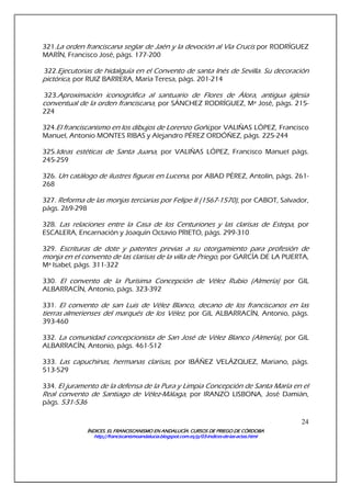 ÍNDICES. EL FRANCISCANISMO EN ANDALUCÍA. CURSÍNDICES. EL FRANCISCANISMO EN ANDALUCÍA. CURSÍNDICES. EL FRANCISCANISMO EN ANDALUCÍA. CURSÍNDICES. EL FRANCISCANISMO EN ANDALUCÍA. CURSOS DE PRIEGO DE CÓRDOBAOS DE PRIEGO DE CÓRDOBAOS DE PRIEGO DE CÓRDOBAOS DE PRIEGO DE CÓRDOBA
http://franciscanismoandalucia.blogspot.com.es/p/03http://franciscanismoandalucia.blogspot.com.es/p/03http://franciscanismoandalucia.blogspot.com.es/p/03http://franciscanismoandalucia.blogspot.com.es/p/03----indicesindicesindicesindices----dededede----laslaslaslas----actas.htmlactas.htmlactas.htmlactas.html
24
321.La orden franciscana seglar de Jaén y la devoción al Vía Crucis por RODRÍGUEZ
MARÍN, Francisco José, págs. 177-200
322.Ejecutorias de hidalguía en el Convento de santa Inés de Sevilla. Su decoración
pictórica, por RUIZ BARRERA, María Teresa, págs. 201-214
323.Aproximación iconográfica al santuario de Flores de Álora, antigua iglesia
conventual de la orden franciscana, por SÁNCHEZ RODRÍGUEZ, Mª José, págs. 215-
224
324.El franciscanismo en los dibujos de Lorenzo Goñi,por VALIÑAS LÓPEZ, Francisco
Manuel, Antonio MONTES RIBAS y Alejandro PÉREZ ORDÓÑEZ, págs. 225-244
325.Ideas estéticas de Santa Juana, por VALIÑAS LÓPEZ, Francisco Manuel págs.
245-259
326. Un catálogo de ilustres figuras en Lucena, por ABAD PÉREZ, Antolín, págs. 261-
268
327. Reforma de las monjas terciarias por Felipe II (1567-1570), por CABOT, Salvador,
págs. 269-298
328. Las relaciones entre la Casa de los Centuriones y las clarisas de Estepa, por
ESCALERA, Encarnación y Joaquín Octavio PRIETO, págs. 299-310
329. Escrituras de dote y patentes previas a su otorgamiento para profesión de
monja en el convento de las clarisas de la villa de Priego, por GARCÍA DE LA PUERTA,
Mª Isabel, págs. 311-322
330. El convento de la Purísima Concepción de Vélez Rubio (Almería) por GIL
ALBARRACÍN, Antonio, págs. 323-392
331. El convento de san Luis de Vélez Blanco, decano de los franciscanos en las
tierras almerienses del marqués de los Vélez, por GIL ALBARRACÍN, Antonio, págs.
393-460
332. La comunidad concepcionista de San José de Vélez Blanco (Almería), por GIL
ALBARRACÍN, Antonio, págs. 461-512
333. Las capuchinas, hermanas clarisas, por IBÁÑEZ VELÁZQUEZ, Mariano, págs.
513-529
334. El juramento de la defensa de la Pura y Limpia Concepción de Santa María en el
Real convento de Santiago de Vélez-Málaga, por IRANZO LISBONA, José Damián,
págs. 531-536
 