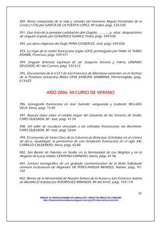 ÍNDICES. EL FRANCISCANISMO EN ANDALUCÍA. CURSÍNDICES. EL FRANCISCANISMO EN ANDALUCÍA. CURSÍNDICES. EL FRANCISCANISMO EN ANDALUCÍA. CURSÍNDICES. EL FRANCISCANISMO EN ANDALUCÍA. CURSOS DE PRIEGO DE CÓRDOBAOS DE PRIEGO DE CÓRDOBAOS DE PRIEGO DE CÓRDOBAOS DE PRIEGO DE CÓRDOBA
http://franciscanismoandalucia.blogspot.com.es/p/03http://franciscanismoandalucia.blogspot.com.es/p/03http://franciscanismoandalucia.blogspot.com.es/p/03http://franciscanismoandalucia.blogspot.com.es/p/03----indicesindicesindicesindices----dededede----laslaslaslas----actas.htmlactas.htmlactas.htmlactas.html
29
390. Breve compendio de la vida y virtudes del hermano Miguel Fernández de la
Cerda (1776) por GARCÍA DE LA PUERTA LÓPEZ, Mª Isabel, págs. 535-540
391. Que trata de la ejemplar castidad de don Quijote, ...............y otras disquisiciones
de singular respeto, por GONZÁLEZ SUAREZ, Pedro, págs. 549-558
392. Las ideas religiosas del Quije, PEÑA GONZÁLEZ, José, págs. 559-558
393. La regla de la orden franciscana seglar (OFS) promulgada por Pablo VI, TUBIO
ADAME, Francisco, págs. 559-571
394. Singular itinerario espiritual de sor Joaquina Serrano y Talens, URBANO
DELGADO. M.ª del Carmen, págs. 572-612
395. Documentos de la V.O.T de San Francisco de Marchena existentes en el Archivo
de la Provincia ranciscana Bética OFM, ZAMORA JAMBRINA, Hermenegildo, págs.
613-622
AÑO 2006. XII CURSO DE VERANOAÑO 2006. XII CURSO DE VERANOAÑO 2006. XII CURSO DE VERANOAÑO 2006. XII CURSO DE VERANO
396. Iconografía franciscana en José Garnelo: vanguardia y tradición. BELLIDO
VELA, Elena, págs. 15-40
397. Nuevos datos sobre el retablo mayor del convento de los Terceros de Sevilla.
CARO QUESADA, M.ª José, págs. 41-54
398. Un taller de escultura vinculado a las cofradías franciscanas: los Barahona.
CARO QUESADA, M.ª José, págs. 55-64
399. El convento de Santa Clara de la Columna de Belacázar (Córdoba) en al crónica
de del p. Guadalupe: la pervivencia de una fundación franciscana en el siglo XXI,
CARRILLO CALDERERO, Alicia, págs. 65-80
400. San Benito de Palermo en Sevilla: en la Hermandad de Los Negritos y en la
Alegoría de Lucas Valdés. CENTENO CARNERO, Gloria, págs. 81-96
401. Lectura iconográfica de un grabado conmemorativo de la Bulla Sollicitudo
omnium ecclesíarum de Alejandro VII, PÉREZ-AINSUA MENDEZ, Natalia, págs. 97-
102
402. Bienes de la Hermandad de Nuestra Señora de la Aurora y San Francisco Solano
de Montilla (Córdoba) por RODRÍGUEZ MIRANDA, Mª del Amor, págs. 103-114.
 