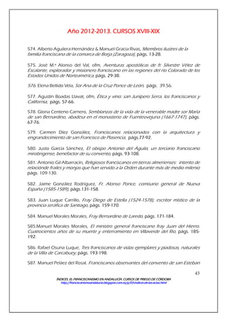ÍNDICES. EL FRANCISCANISMO EN ANDALUCÍA. CURSÍNDICES. EL FRANCISCANISMO EN ANDALUCÍA. CURSÍNDICES. EL FRANCISCANISMO EN ANDALUCÍA. CURSÍNDICES. EL FRANCISCANISMO EN ANDALUCÍA. CURSOS DE PRIEGO DE CÓRDOBAOS DE PRIEGO DE CÓRDOBAOS DE PRIEGO DE CÓRDOBAOS DE PRIEGO DE CÓRDOBA
http://franciscanismoandalucia.blogspot.com.es/p/03http://franciscanismoandalucia.blogspot.com.es/p/03http://franciscanismoandalucia.blogspot.com.es/p/03http://franciscanismoandalucia.blogspot.com.es/p/03----indicesindicesindicesindices----dededede----laslaslaslas----actas.htmlactas.htmlactas.htmlactas.html
43
AñoAñoAñoAño 2012201220122012----2013.2013.2013.2013. CURSOCURSOCURSOCURSOSSSS XVIIIXVIIIXVIIIXVIII----XIXXIXXIXXIX
574. Alberto Aguilera Hernández & Manuel Gracia Rivas, Miembros ilustres de la
familia franciscana de la comarca de Borja (Zaragoza), págs. 13-28.
575. José M.ª Alonso del Val, ofm, Aventuras apostólicas de fr. Silvestre Vélez de
Escalante, explorador y misionero franciscano en las regiones del río Colorado de los
Estados Unidos de Norteamérica, págs. 29-38.
576. Elena Bellido Vela, Sor Ana de la Cruz Ponce de León, págs. 39.56.
577. Agustín Boadas Llavat, ofm, Ética y vino: san Junípero Serra, los franciscanos y
California, págs. 57-66.
578. Gloria Centeno Carnero, Semblanzas de la vida de la venerable madre sor María
de san Bernardino, abadesa en el monasterio de Fuenteovejuna (1667-1747), págs.
67-76.
579. Carmen Díez González, Franciscanos relacionados con la arquitectura y
engrandecimiento de san Francisco de Plasencia, págs.77-92.
580. Justo García Sánchez, El obispo Antonio del Águila, un terciario franciscano
mirobrigense, benefactor de su convento, págs. 93-108.
581. Antonio Gil Albarracín, Religiosos franciscanos en tierras almerienses: intento de
relaciónde frailes y monjas que han servido a la Orden durante más de medio milenio
págs. 109-130.
582. Jaime González Rodríguez, Fr. Alonso Ponce, comisario general de Nueva
España (1585-1589), págs.131-158.
583. Juan Luque Carrillo, Fray Diego de Estella (1524-1578), escritor místico de la
provincia seráfica de Santiago, págs. 159-170.
584. Manuel Morales Morales, Fray Bernardino de Laredo, págs. 171-184.
585.Manuel Morales Morales, El ministro general franciscano fray Juan del Hierro.
Cuatrocientos años de su muerte y enterramiento en Villaverde del Río, págs. 185-
192.
586. Rafael Osuna Luque, Tres franciscanos de vidas ejemplares y piadosas, naturales
de la Villa de Carcabuey, págs. 193-198.
587. Manuel Peláez del Rosal, Franciscanos observantes del convento de san Esteban
 