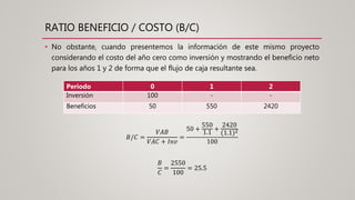 RATIO BENEFICIO / COSTO (B/C)
𝐵/𝐶 =
𝑉𝐴𝐵
𝑉𝐴𝐶 + 𝐼𝑛𝑣
=
50 +
550
1.1
+
2420
(1.1)2
100
𝐵
𝐶
=
2550
100
= 25.5
• No obstante, cuando presentemos la información de este mismo proyecto
considerando el costo del año cero como inversión y mostrando el beneficio neto
para los años 1 y 2 de forma que el flujo de caja resultante sea.
Periodo 0 1 2
Inversión 100 - -
Beneficios 50 550 2420
 