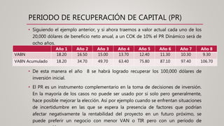 PERIODO DE RECUPERACIÓN DE CAPITAL (PR)
• Siguiendo el ejemplo anterior, y si ahora traemos a valor actual cada uno de los
20,000 dólares de beneficio neto anual, a un COK de 10% el PR Dinámico será de
ocho años.
Año 1 Año 2 Año 3 Año 4 Año 5 Año 6 Año 7 Año 8
VABN 18.20 16.50 15.00 13.70 12.40 11.30 10.30 9.30
VABN Acumulado 18.20 34.70 49.70 63.40 75.80 87.10 97.40 106.70
• De esta manera el año 8 se habrá logrado recuperar los 100,000 dólares de
inversión inicial.
• El PR es un instrumento complementario en la toma de decisiones de inversión.
En la mayoría de los casos no puede ser usado por si solo pero generalmente,
hace posible mejorar la elección. Así por ejemplo cuando se enfrentan situaciones
de incertidumbre en las que se espera la presencia de factores que podrían
afectar negativamente la rentabilidad del proyecto en un futuro próximo, se
puede preferir un negocio con menor VAN o TIR pero con un periodo de
 