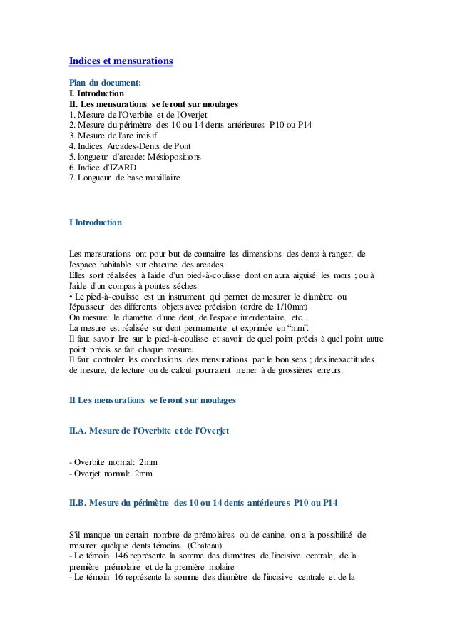 Indices Et Mensurations Indices Et Mensurations