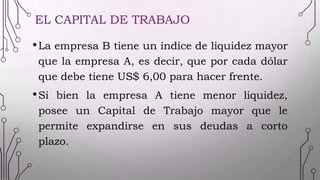 EL CAPITAL DE TRABAJO
•La empresa B tiene un índice de liquidez mayor
que la empresa A, es decir, que por cada dólar
que debe tiene US$ 6,00 para hacer frente.
•Si bien la empresa A tiene menor liquidez,
posee un Capital de Trabajo mayor que le
permite expandirse en sus deudas a corto
plazo.
 