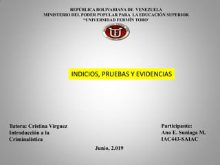 Participante:
Ana E. Suniaga M.
IAC443-SAIAC
REPÚBLICA BOLIVARIANA DE VENEZUELA
MINISTERIO DEL PODER POPULAR PARA LA EDUCACIÓN SUPERIOR
“UNIVERSIDAD FERMÍN TORO”
Tutora: Cristina Virguez
Introducción a la
Criminalística
Junio, 2.019
INDICIOS, PRUEBAS Y EVIDENCIAS
 