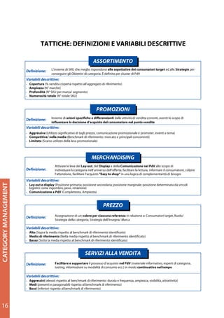 TATTICHE: DEFINIZIONI E VARIABILI DESCRITTIVE

                                                                          ASSORTIMENTO
                                                                          ASSORTIMENTO
                                          L’insieme di SKU che meglio rispondono alle aspettative dei consumatori target ed alle Strategie per
                      Definizione:
                                          conseguire gli Obiettivi di categoria. È definito per cluster di PdV
                      Variabili descrittive:
                      •   Copertura (% vendita coperta rispetto all’aggregato di riferimento)
                      •   Ampiezza (N° marche)
                      •   Profondità (N° SKU per marca/ segmento)
                      •   Numerosità totale (N° totale SKU)



                                                                             PROMOZIONI
                                                                             PROMOZIONI
                                          Insieme di azioni specifiche e differenzianti dalle attività di vendita correnti, aventi lo scopo di
                      Definizione:
                                          influenzare la decisione d’acquisto del consumatore nel punto vendita
                      Variabili descrittive:
                      •   Aggressive (Utilizzo significativo di tagli prezzo, comunicazione promozionale e promoter, eventi a tema)
                      •   Competitive/ nella media (Benchmark di riferimento: mercato e principali concorrenti)
                      •   Limitate (Scarso utilizzo della leva promozionale)




                                                                         MERCHANDISING
                                                                         MERCHANDISING
                                             Attivare le leve del Lay-out, del Display e della Comunicazione nel PdV allo scopo di
                      Definizione:           individuare la categoria nell’universo dell’offerta, facilitare la lettura, informare il consumatore, colpire
                                             l’attenzione, facilitare l’acquisto "Easy to shop“ in una logica di complementarità di bisogni
                      Variabili descrittive:
CATEGORY MANAGEMENT




                      •   Lay-out e display (Posizione primaria; posizione secondaria; posizione marginale; posizione determinata da vincoli
                          logistici come ingombro, peso, rotazione)
                      •   Comunicazione a PdV (Completezza, Ampiezza)



                                                                                  PREZZO
                                                                                  PREZZO
                                             Assegnazione di un valore per ciascuna referenza in relazione a: Consumatori target, Ruolo/
                      Definizione:
                                             Strategia della categoria, Strategia dell'Insegna/ Marca

                      Variabili descrittive:
                      •   Alto (Sopra la media rispetto al benchmark di riferimento identificato)
                      •   Medio di riferimento (Nella media rispetto al benchmark di riferimento identificato)
                      •   Basso (Sotto la media rispetto al benchmark di riferimento identificato)



                                                                    SERVIZI ALLA VENDITA
                                                                    SERVIZI ALLA VENDITA
                      Definizione:           Facilitare e supportare il processo d’acquisto nel PdV (materiale informativo, esperti di categoria,
                                             tasting, informazioni su modalità di consumo ecc.) in modo continuativo nel tempo

                      Variabili descrittive:
                      •   Aggressivi (elevati rispetto al benchmark di riferimento: durata e frequenza, ampiezza, visibilità, attrattività)
                      •   Medi (presenti e paragonabili rispetto al benchmark di riferimento)
                      •   Bassi (inferiori rispetto al benchmark di riferimento)




16
 
