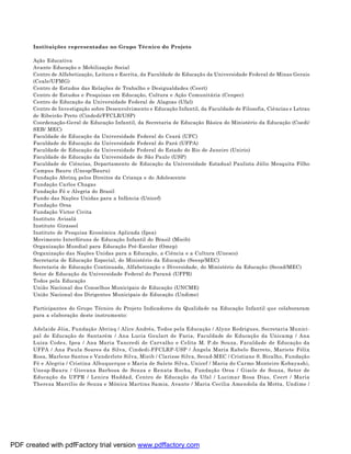 Instituições representadas no Grupo Técnico do Projeto

       Ação Educativa
       Avante Educação e Mobilização Social
       Centro de Alfabetização, Leitura e Escrita, da Faculdade de Educação da Universidade Federal de Minas Gerais
       (Ceale/UFMG)
       Centro de Estudos das Relações de Trabalho e Desigualdades (Ceert)
       Centro de Estudos e Pesquisas em Educação, Cultura e Ação Comunitária (Cenpec)
       Centro de Educação da Universidade Federal de Alagoas (Ufal)
       Centro de Investigação sobre Desenvolvimento e Educação Infantil, da Faculdade de Filosofia, Ciências e Letras
       de Ribeirão Preto (Cindedi/FFCLR/USP)
       Coordenação-Geral de Educação Infantil, da Secretaria de Educação Básica do Ministério da Educação (Coedi/
       SEB/ MEC)
       Faculdade de Educação da Universidade Federal do Ceará (UFC)
       Faculdade de Educação da Universidade Federal do Pará (UFPA)
       Faculdade de Educação da Universidade Federal do Estado do Rio de Janeiro (Unirio)
       Faculdade de Educação da Universidade de São Paulo (USP)
       Faculdade de Ciências, Departamento de Educação da Universidade Estadual Paulista Júlio Mesquita Filho
       Campus Bauru (Unesp/Bauru)
       Fundação Abrinq pelos Direitos da Criança e do Adolescente
       Fundação Carlos Chagas
       Fundação Fé e Alegria do Brasil
       Fundo das Nações Unidas para a Infância (Unicef)
       Fundação Orsa
       Fundação Victor Civita
       Instituto Avisalá
       Instituto Girassol
       Instituto de Pesquisa Econômica Aplicada (Ipea)
       Movimento Interfóruns de Educação Infantil do Brasil (Mieib)
       Organização Mundial para Educação Pré-Escolar (Omep)
       Organização das Nações Unidas para a Educação, a Ciência e a Cultura (Unesco)
       Secretaria de Educação Especial, do Ministério da Educação (Seesp/MEC)
       Secretaria de Educação Continuada, Alfabetização e Diversidade, do Ministério da Educação (Secad/MEC)
       Setor de Educação da Universidade Federal do Paraná (UFPR)
       Todos pela Educação
       União Nacional dos Conselhos Municipais de Educação (UNCME)
       União Nacional dos Dirigentes Municipais de Educação (Undime)

       Participantes do Grupo Técnico do Projeto Indicadores da Qualidade na Educação Infantil que colaboraram
       para a elaboração deste instrumento:

       Adelaide Jóia, Fundação Abrinq / Alice Andrés, Todos pela Educação / Alyne Rodrigues, Secretaria Munici-
       pal de Educação de Santarém / Ana Lucia Goulart de Faria, Faculdade de Educação da Unicamp / Ana
       Luiza Codes, Ipea / Ana Maria Tancredi de Carvalho e Celita M. P.de Souza, Faculdade de Educação da
       UFPA / Ana Paula Soares da Silva, Cindedi-FFCLRP-USP / Ângela Maria Rabelo Barreto, Mariete Félix
       Rosa, Marlene Santos e Vanderlete Silva, Mieib / Clarisse Silva, Secad-MEC / Cristiane S. Bicalho, Fundação
       Fé e Alegria / Cristina Albuquerque e Maria de Salete Silva, Unicef / Maria do Carmo Monteiro Kobayashi,
       Unesp-Bauru / Giovana Barbosa de Souza e Renata Rocha, Fundação Orsa / Gizele de Souza, Setor de
       Educação da UFPR / Lenira Haddad, Centro de Educação da Ufal / Lucimar Rosa Dias, Ceert / Maria
       Thereza Marcílio de Souza e Mônica Martins Samia, Avante / Maria Cecilia Amendola da Motta, Undime /




PDF created with pdfFactory trial version www.pdffactory.com
 