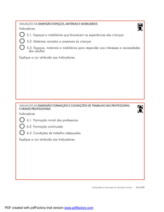 AVALIAÇÃO DA DIMENSÃO ESPAÇOS, MATERIAIS E MOBILIÁRIOS
         Indicadores

         O    5.1. Espaços e mobiliários que favorecem as experiências das crianças

         O    5.2. Materiais variados e acessíveis às crianças

         O     5.3. Espaços, materiais e mobiliários para responder aos interesses e necessidades
                dos adultos

         Explique a cor atribuída aos Indicadores:




         AVALIAÇÃO DA DIMENSÃO FORMAÇÃO E CONDIÇÕES DE TRABALHO DAS PROFESSORAS
         E DEMAIS PROFISSIONAIS
         Indicadores

         O 6.1. Formação inicial das professoras
         O 6.2. Formação continuada
         O 6.3. Condições de trabalho adequadas
         Explique a cor atribuída aos Indicadores:




                                                                 INDICADORES DA QUALIDADE NA EDUCAÇÃO INFANTIL   ENCARTE




PDF created with pdfFactory trial version www.pdffactory.com
 