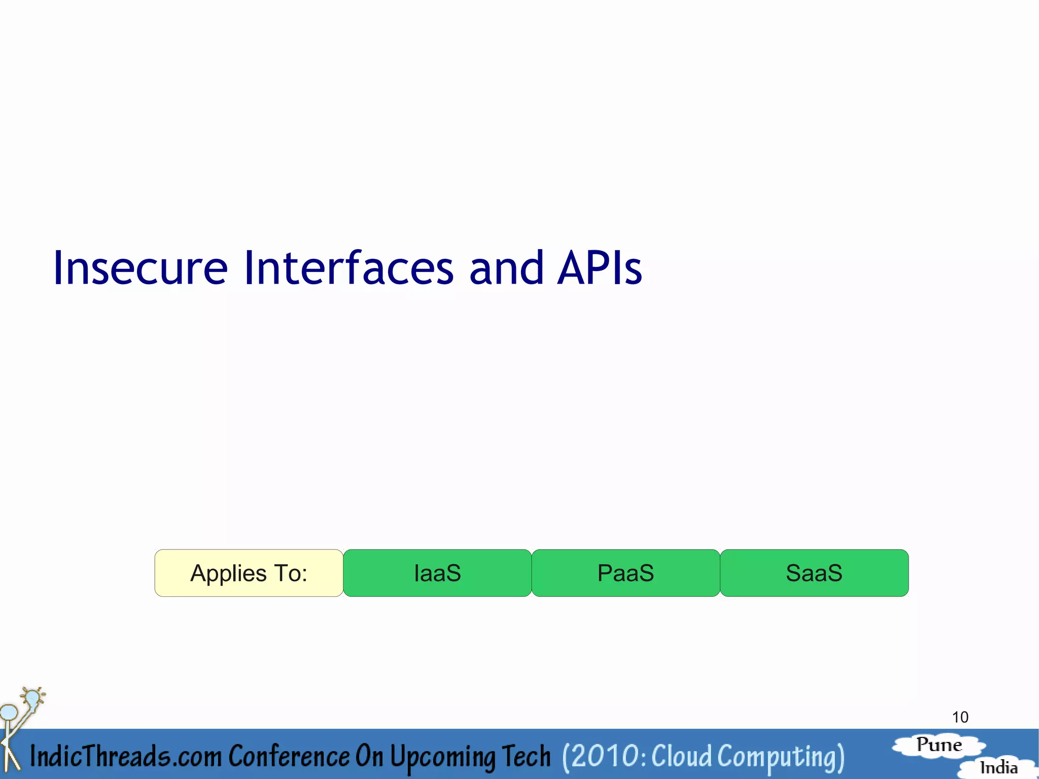 Insecure Interfaces and APIs




      Applies To:   IaaS   PaaS   SaaS




                                         10
 