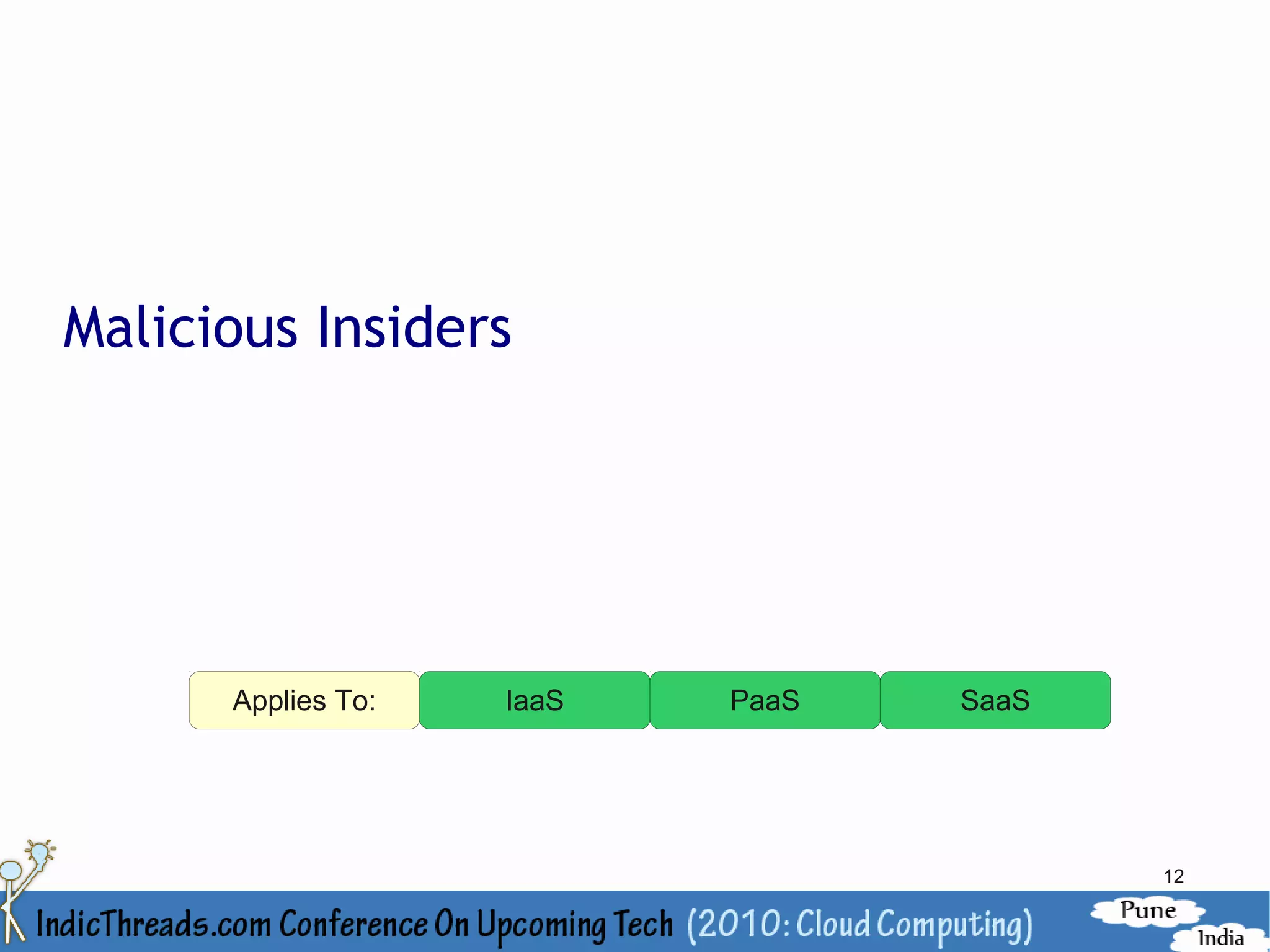 Malicious Insiders




      Applies To:   IaaS   PaaS   SaaS




                                         12
 
