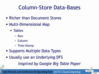 Column-Store Data-Bases
   Richer than Document Stores
   Multi-Dimensional Map
       Tables
           Row
           Column
           Time-Stamp
   Supports Multiple Data Types
   Usually use an Underlying DFS
            Inspired by Google Big Table Paper
                                                 15
 