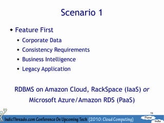 Scenario 1
   Feature First
       Corporate Data
       Consistency Requirements
       Business Intelligence
       Legacy Application


    RDBMS on Amazon Cloud, RackSpace (IaaS) or
          Microsoft Azure/Amazon RDS (PaaS)
                                                 19
 