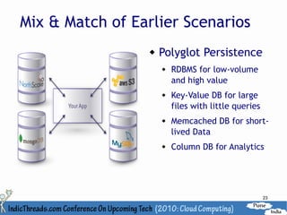 Mix & Match of Earlier Scenarios
                     Polyglot Persistence
                         RDBMS for low-volume
                          and high value
                         Key-Value DB for large
                          files with little queries
                         Memcached DB for short-
                          lived Data
                         Column DB for Analytics




                                                      23
 