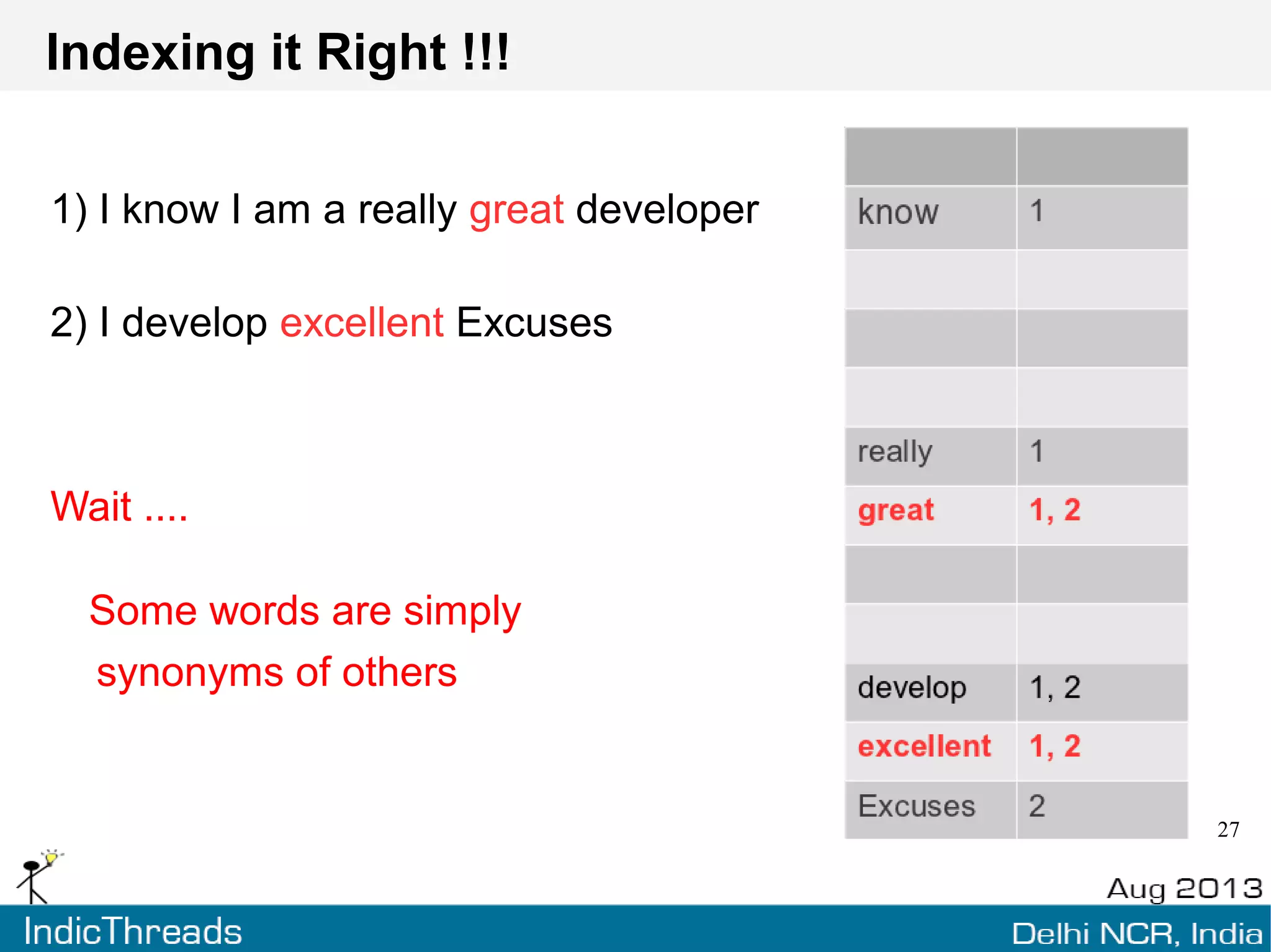 Indexing it Right !!!
1) I know I am a really great developer
2) I develop excellent Excuses
Wait ....
Some words “stem” from others.
 