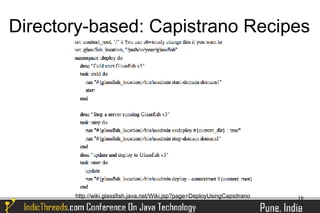 Directory-based: Capistrano Recipes




       http://wiki.glassfish.java.net/Wiki.jsp?page=DeployUsingCapsitrano   16
 