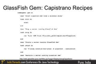 GlassFish Gem: Capistrano Recipes




      http://wiki.glassfish.java.net/Wiki.jsp?page=DeployUsingCapsitrano   22
 