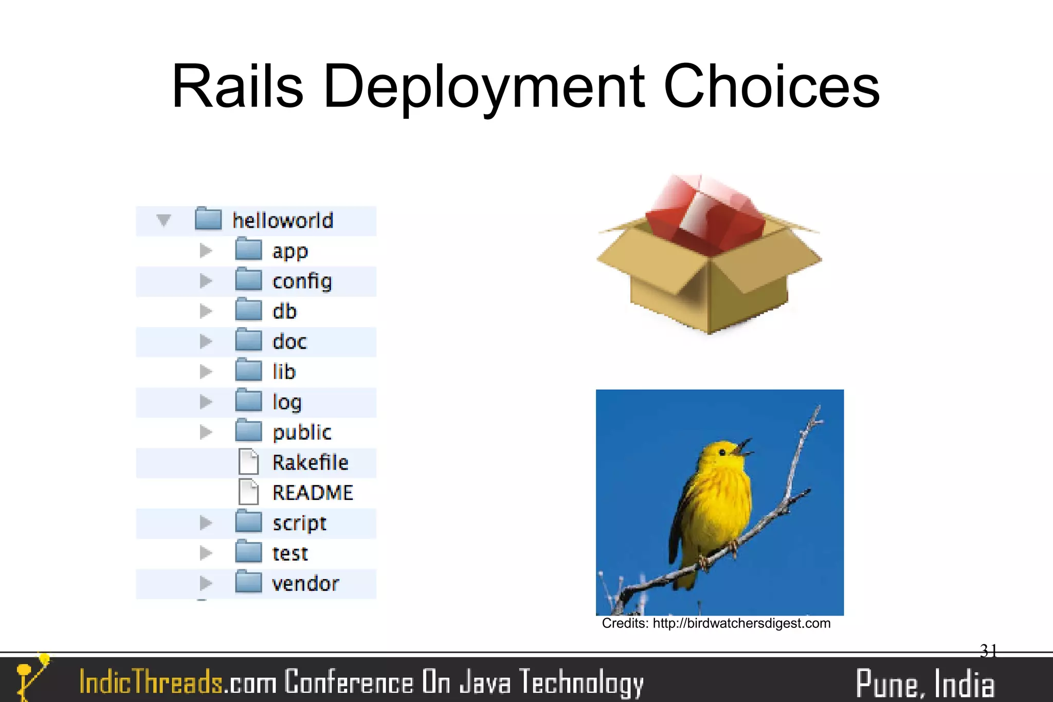 Rails Deployment Choices




              Credits: http://birdwatchersdigest.com

                                                       31
 