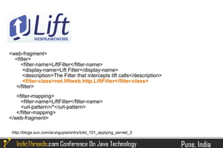 <web-fragment>
  <filter>
     <filter-name>LiftFilter</filter-name>
      <display-name>Lift Filter</display-name>
      <description>The Filter that intercepts lift calls</description>
      <filter-class>net.liftweb.http.LiftFilter</filter-class>
  </filter>
   <filter-mapping>
     <filter-name>LiftFilter</filter-name>
     <url-pattern>/*</url-pattern>
   </filter-mapping>
</web-fragment>

 http://blogs.sun.com/arungupta/entry/totd_101_applying_servlet_3
 