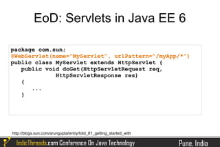 EoD: Servlets in Java EE 6

package com.sun;
@WebServlet(name=”MyServlet”, urlPattern=”/myApp/*”)
public class MyServlet extends HttpServlet {
   public void doGet(HttpServletRequest req,
             HttpServletResponse res)
   {
      ...
   }




http://blogs.sun.com/arungupta/entry/totd_81_getting_started_with
 