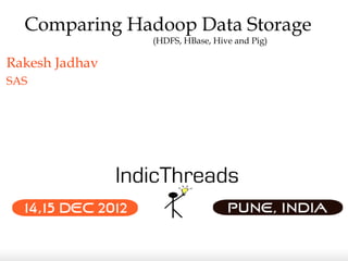 Comparing Hadoop Data Storage
                (HDFS, HBase, Hive and Pig)

Rakesh Jadhav
SAS
 