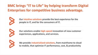 © copyright 2014 BMC Software, Inc.
Our intuitive solutions provide the best experience for the
people in IT, and for the consumers of IT.
Our solutions enable high-speed innovation of new customer
experiences, applications, and services.
We provide industrialized solutions, from mainframe to cloud
to mobile, that optimize IT performance, cost, & productivity
BMC brings “IT to Life” by helping transform Digital
Enterprises for competitive business advantage.
 