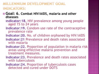  Goal: 6. Combat HIV/AIDS, malaria and other
diseases
Indicator:18. HIV prevalence among young people
aged 15 to 24 years
Indicator:19. Condom use rate of the contraceptive
prevalence rate
Indicator:20. No. of children orphaned by HIV/AIDS
Indicator:21 Prevalence and death rates associated
with malaria
Indicator:22. Proportion of population in malaria risk
areas using effective malaria prevention and
treatment measures.
Indicator:23. Prevalence and death rates associated
with tuberculosis
Indicator:24. Proportion of tuberculosis cases
detected and cured under DOTS
 
