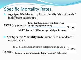 Specific Mortality Rates
A. Age Specific Mortality Rate: identify “risk of death ”
in different subgroups .
ASMR (< 5 years)=
B. Sex Specific Mortality Rate: identify “risk of death ”
in specific sex.
SSMR =
Total deaths among children <5 yr
of age In Jaipur in 2009
Mid Yr.Pop. of children <5 yr in Jaipur in 2009
X 1000
Total deaths among women in Jaipur during 2009
Population of women in Jaipur as on 1st July 2009
X 1000
 