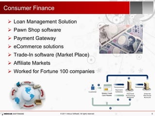 Consumer Finance

  Loan Management Solution
  Pawn Shop software
  Payment Gateway
  eCommerce solutions
  Trade-In software (Market Place)
  Affiliate Markets
  Worked for Fortune 100 companies



                                                                       Mobile Credit
                                                                       Card Reader




                       © 2011 Indicus Software. All rights reserved.                   5
 