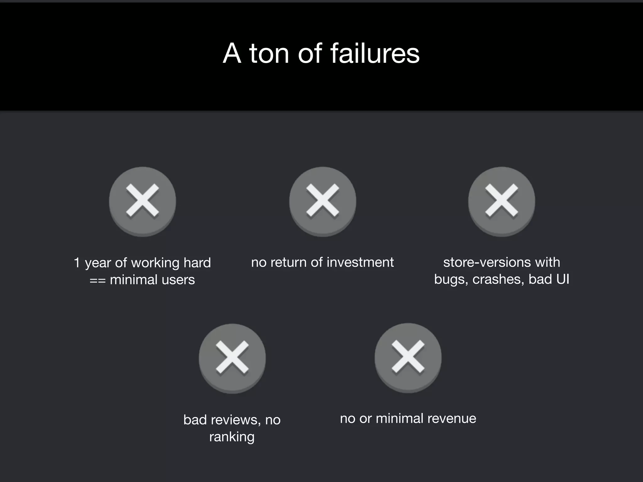 A ton of failures 
1 year of working hard 
== minimal users 
no return of investment 
bad reviews, nono or minimal revenue 
ranking 
store-versions with 
bugs, crashes, bad UI 
 